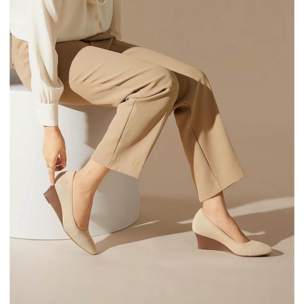 VIVAIA Womens Beige Knit Wedge Heel Pumps Comfortable Slip On Shoes US/8.5